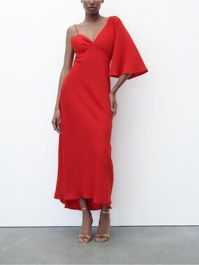 Zara Red One Shoulder Asymmetrical Maxi Dress Flutter Sleeve Wedding Guest Sz L